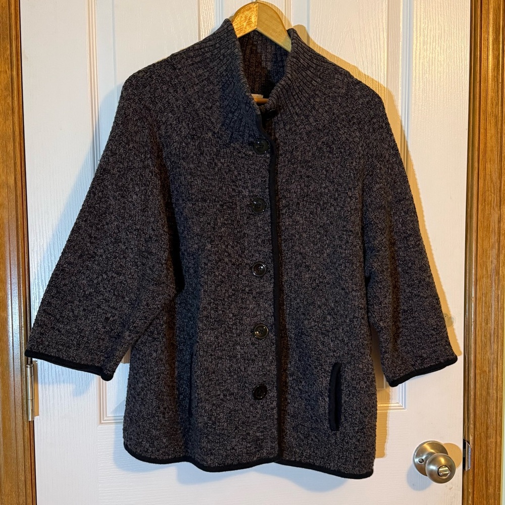 Talbots 100% Cotton Gray & Black Knit Button Up Sweater Jacket Large